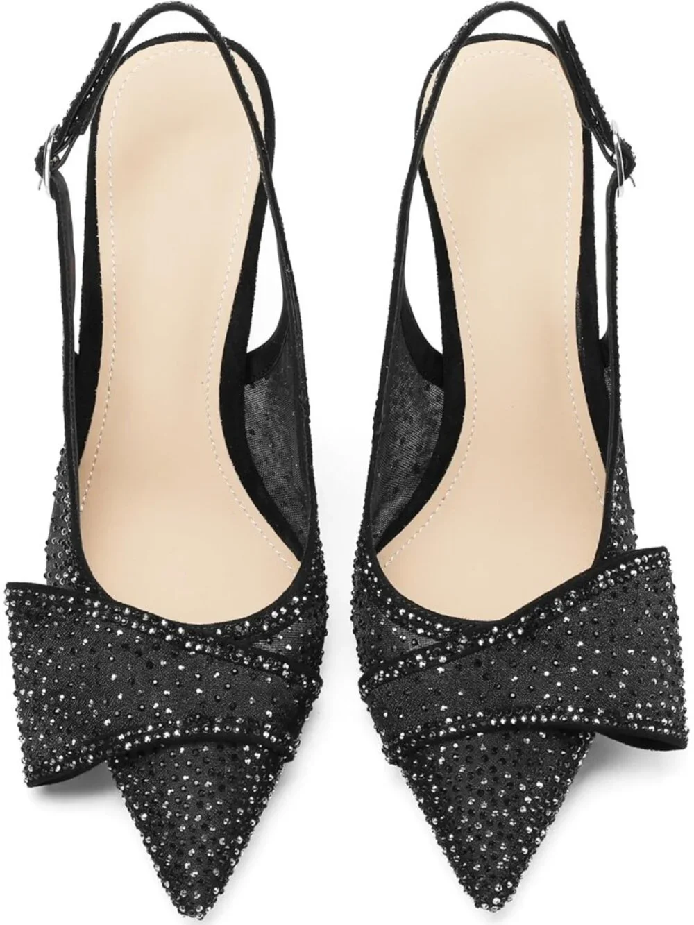 Women Mesh Black Rhinestone Slingback Heel with Bow Pointed Toe Pump Dress Shoes